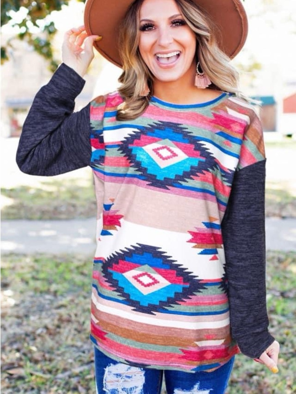 Aztec Print Long Sleeve Pullover Top  L
